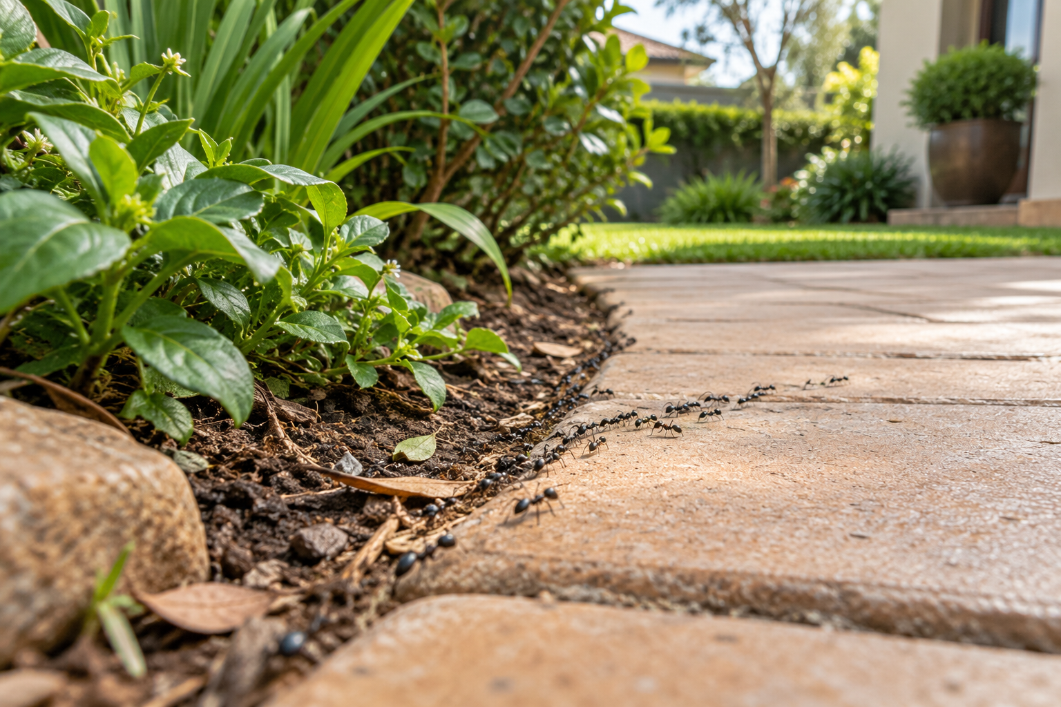 Illustrative image of ants following a trail along a patio beside a garden