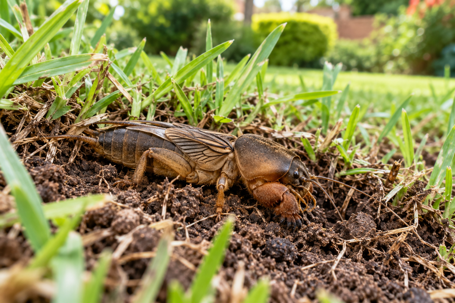Illustrative close-up of a mole cricket in lawn turf