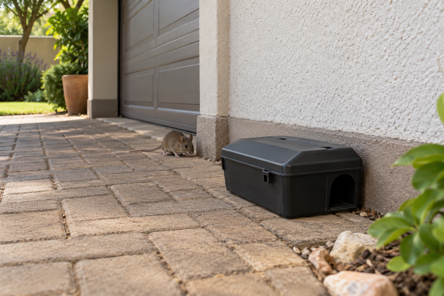 Illustrative image of a mouse near a closed tamper-resistant bait station beside a garage